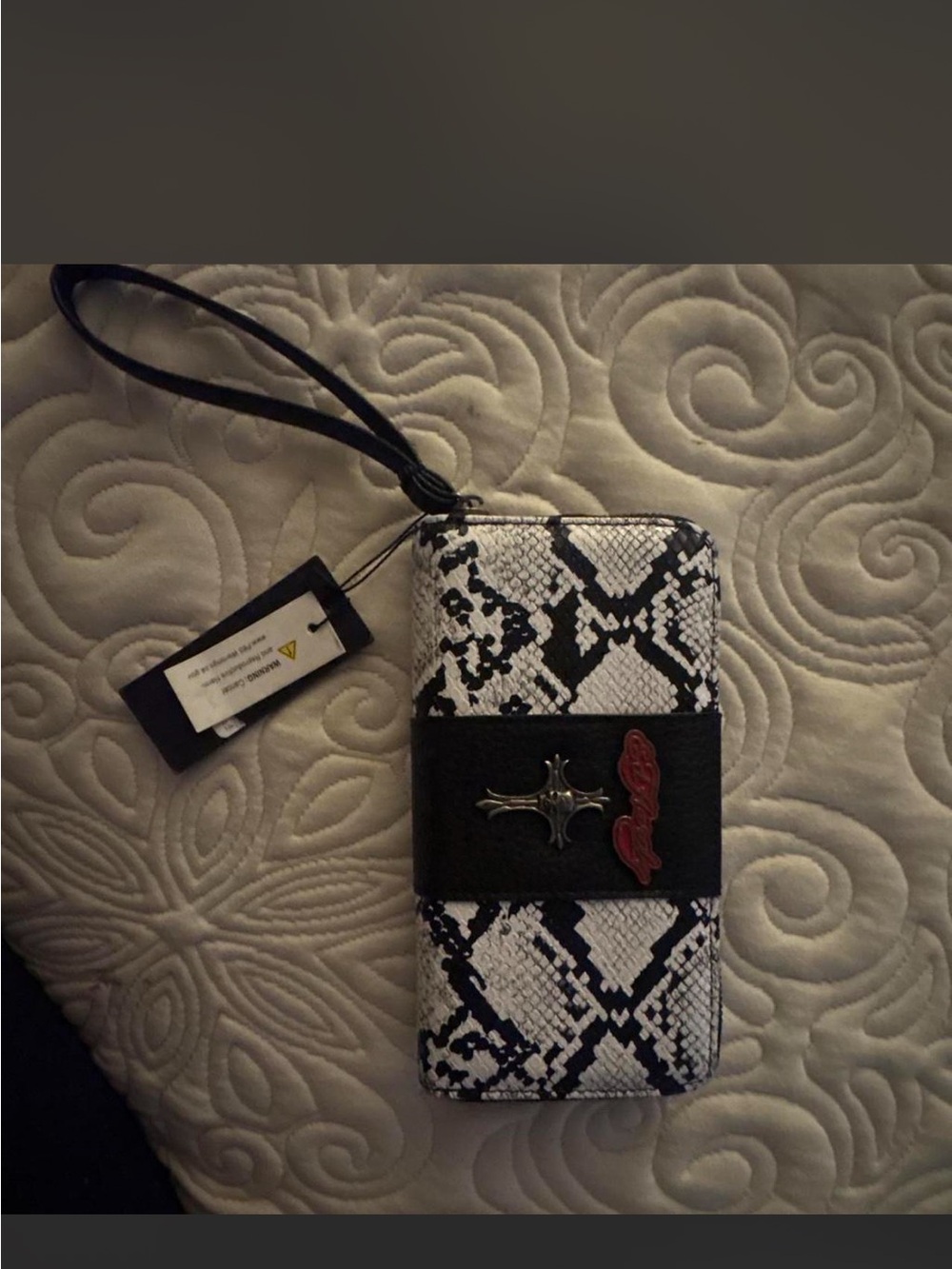 Black & White Snake-Pattern zip around Wristlet Case with Cross Accent